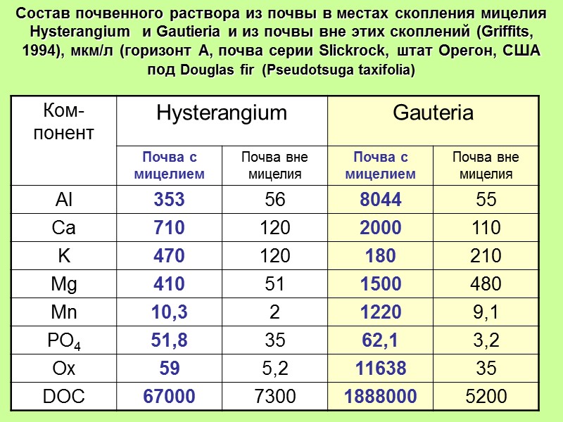 Состав почвенного раствора из почвы в местах скопления мицелия Hysterangium  и Gautieria и